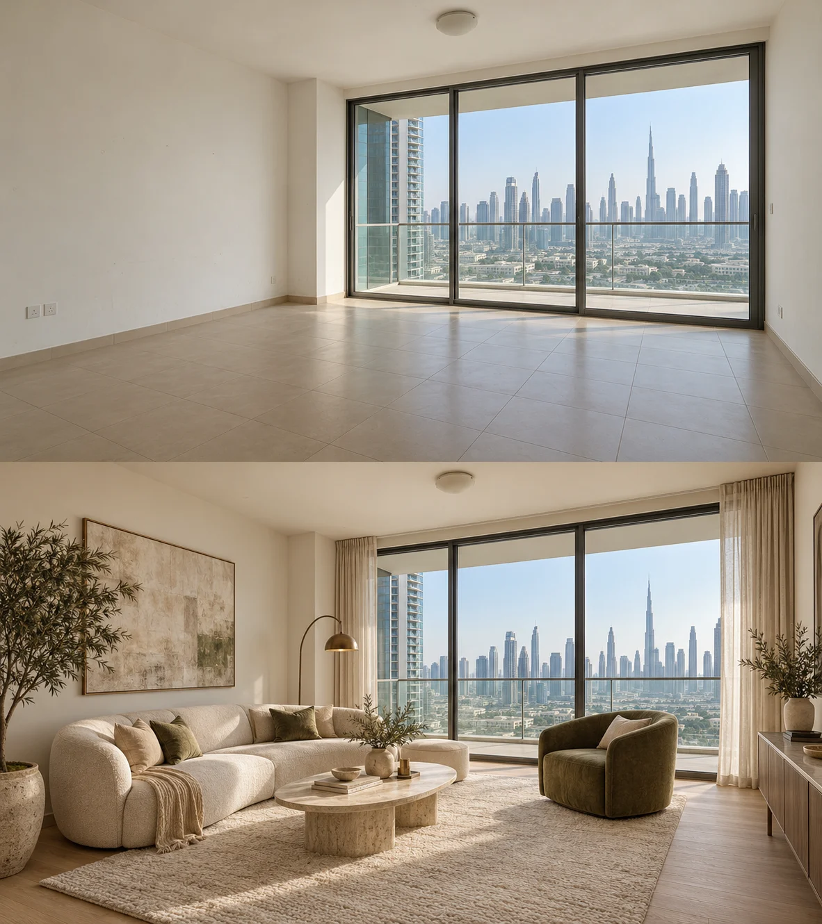 Living room staged with sand and olive furnishings